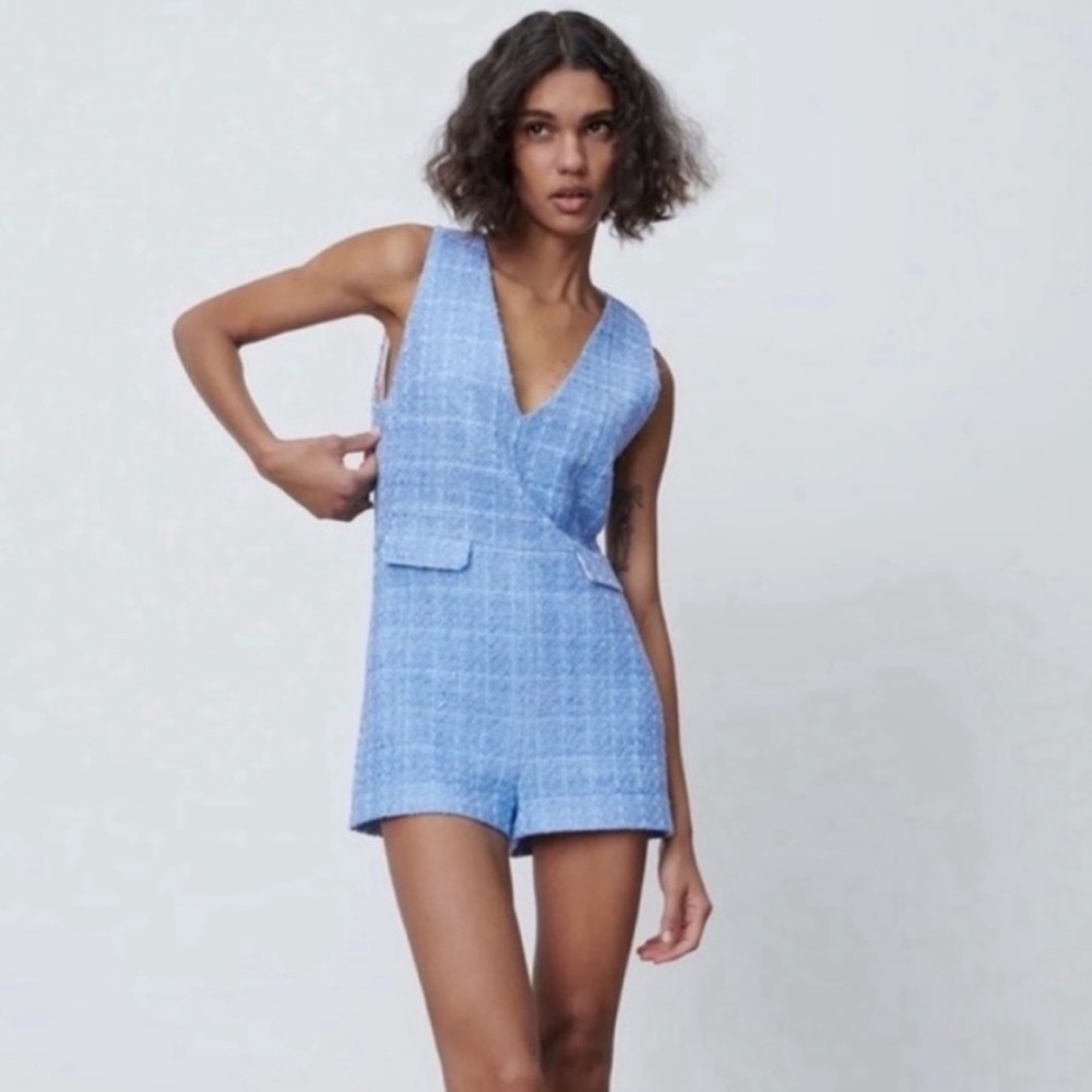 Zara Blue Tweed Textured Romper Jumpsuit | Size S | NWT